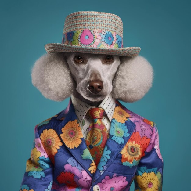 Poodle con ropa vibrante y sombrero de pie contra un telón de fondo en el entorno del estudio