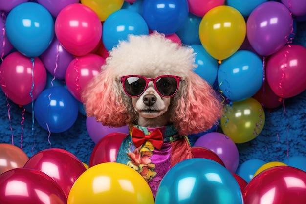 Poodle usando óculos de sol em forma de coração cercado por balões coloridos