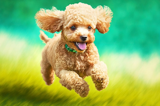 Poodles bege no colarinho correndo na grama verde no fundo desfocado