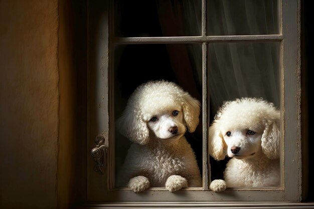 Poodles brancos e tristes esperando na janela dos proprietários