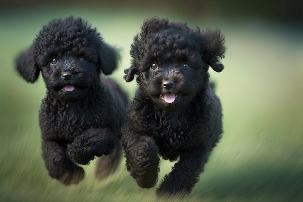 Poodles pretos travessos correndo em gr em fundo desfocado