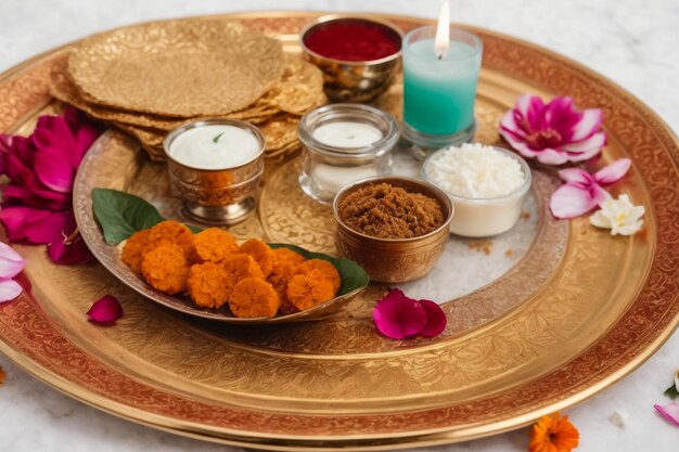 Foto pooja thali para celebração do festival para adorar grãos de arroz e flores kumkum hindu puja thali