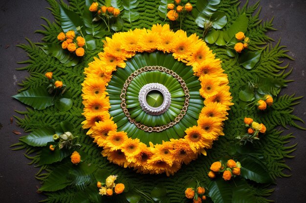 Foto un pookalam que incorpora hojas de helecho y otra vegetación