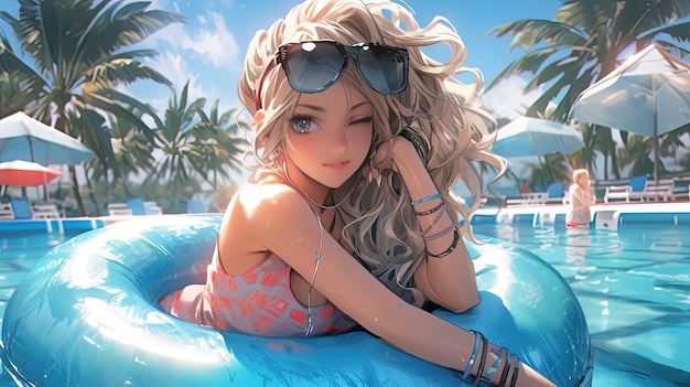 Poolside Daydreams Arte digital inspirado en anime con una chica japonesa kawaii