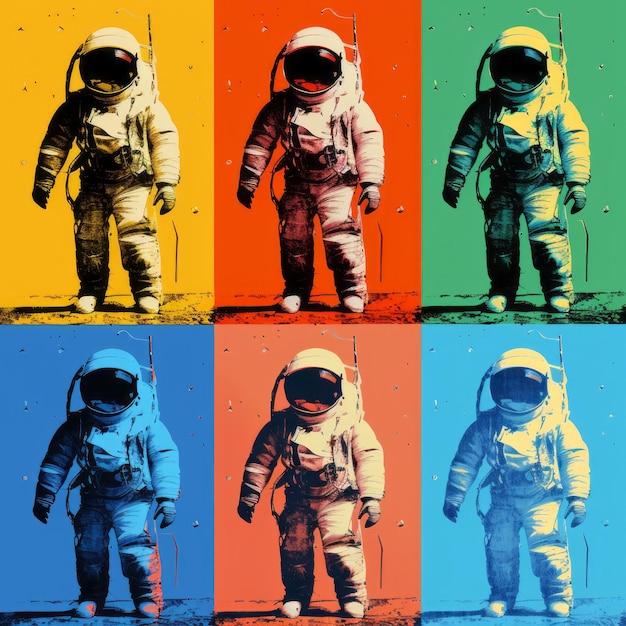 Foto pop art astronaut exploração colorida da primeira aterrissagem na lua