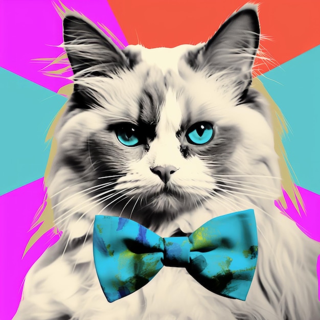 Pop Art Cat Ragdoll con pajarita en estilo Andy Warhol