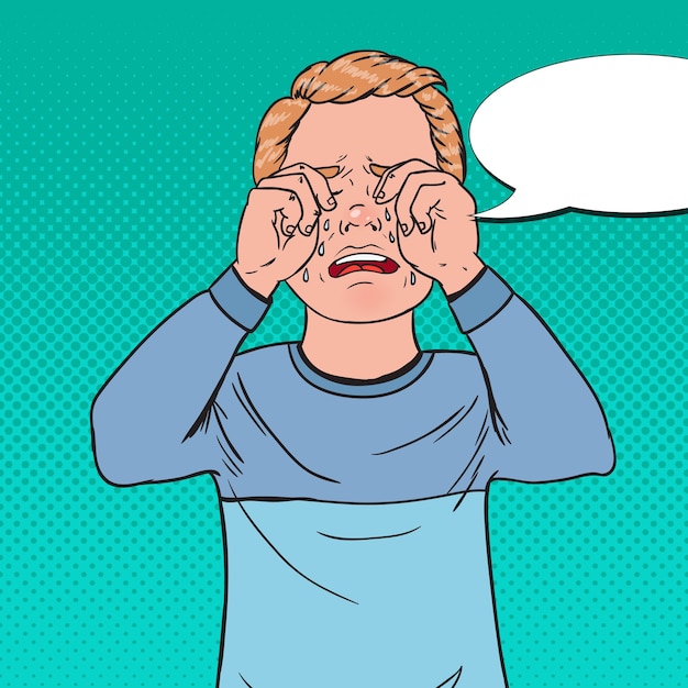 Pop Art chateado garotinho chorando. Criança Triste Chora com Lágrimas
