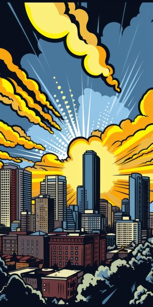 Foto pop art comic city en el amanecer de denver inspirado por roy lichtenstein