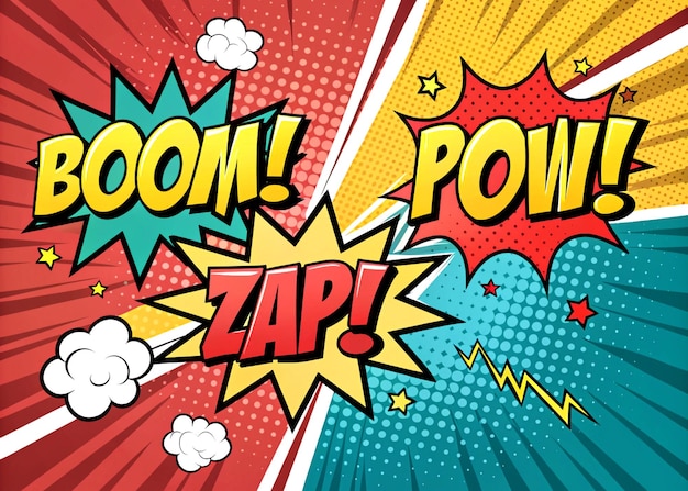 Pop art de quadrinhos com palavras de ação BOOM POW ZAP