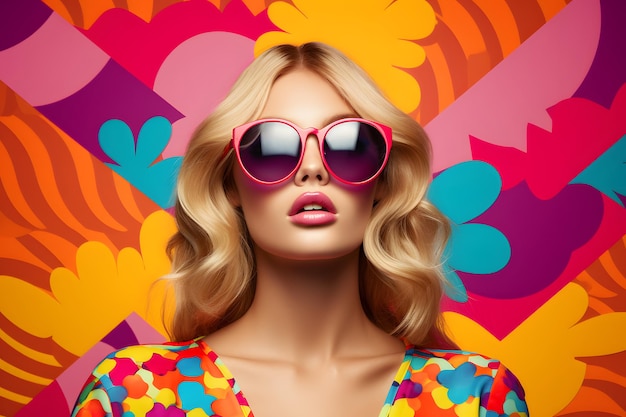 Pop art estilo retro bastante rubia joven con gafas de sol sobre fondo de colores vibrantes