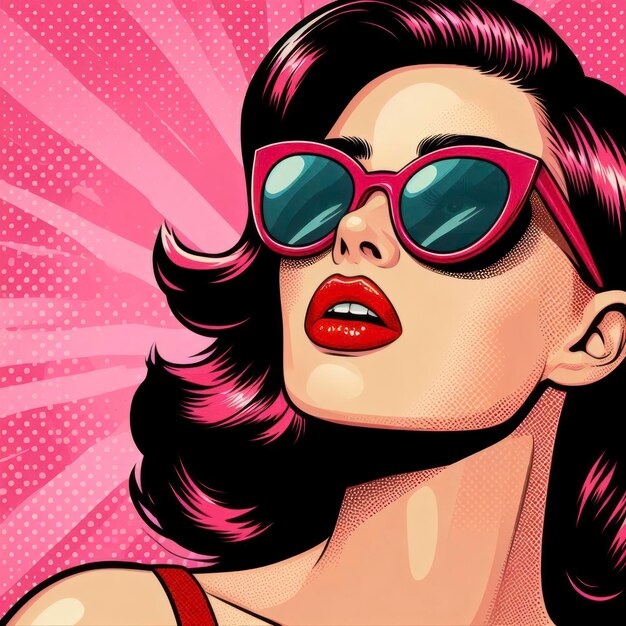 Pop Art Glamour Mujer con gafas de sol rojas y lápiz labial en fondo rosa ai generativo