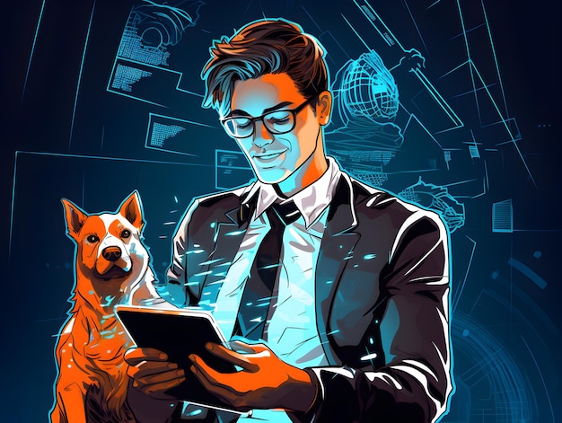 pop_art_illustrations_of_tech_person_holding_a_dog_and_a_paper