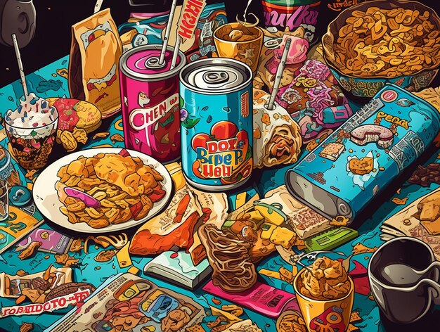 Pop-Art-inspiriertes Stillleben-Bild eines Tisches, gefüllt mit ikonischen Pop-Kulturobjekten und -Symbolen