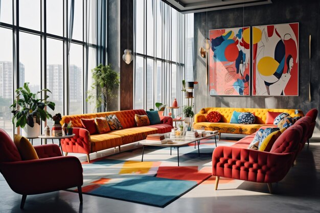 Pop art interior de sala de estar moderna colorido estofado móveis do meio do século sofá de assento severo