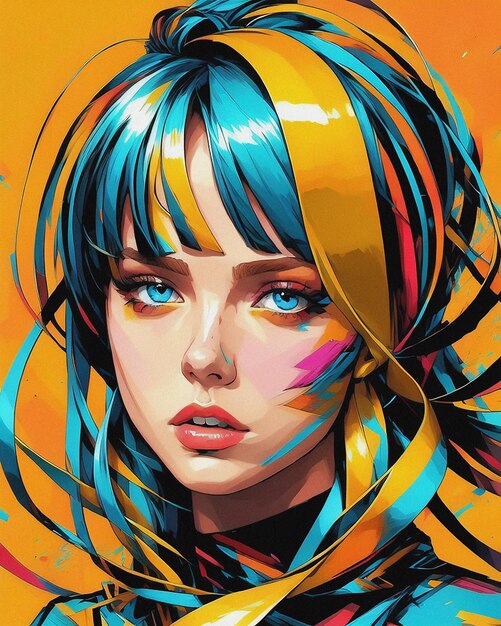 Pop-Art-Mädchen mit türkisfarbenem Haar und blauen Augen