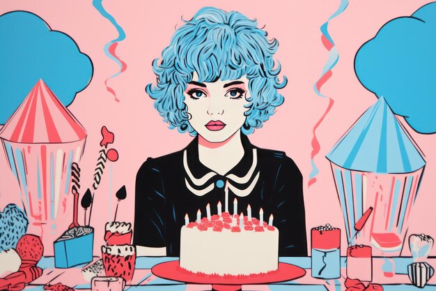 Pop Art Mode Frau mit blauen Haaren und Blumen Glücklicher Geburtstag Geburtstag Erdbeerkuchen Glücklicher Tag Pop Art Comic Frau Comic-Stil