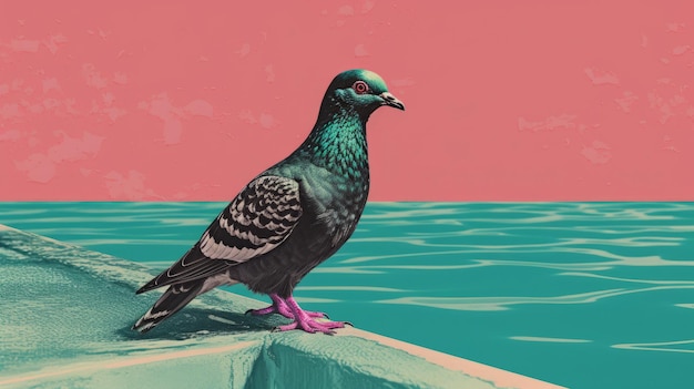 Pop Art Pigeon On Ledge Dunkelrosa und hellsmaragdgrüne Ästhetik