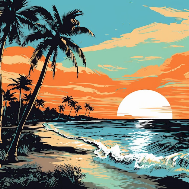 Pop art quadrinhos coloridos vista do pôr-do-sol da praia imagem gerada pela IA