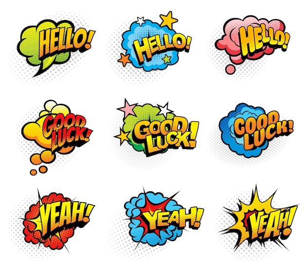 Pop-Art-Retro-Ausrufe und Explosionswolken