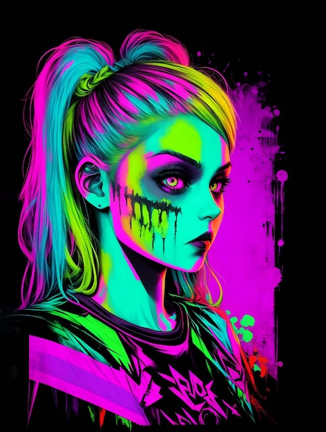 Pop Art Zombie Girl cores de néon vibrantes centradas na tela prontas para impressão