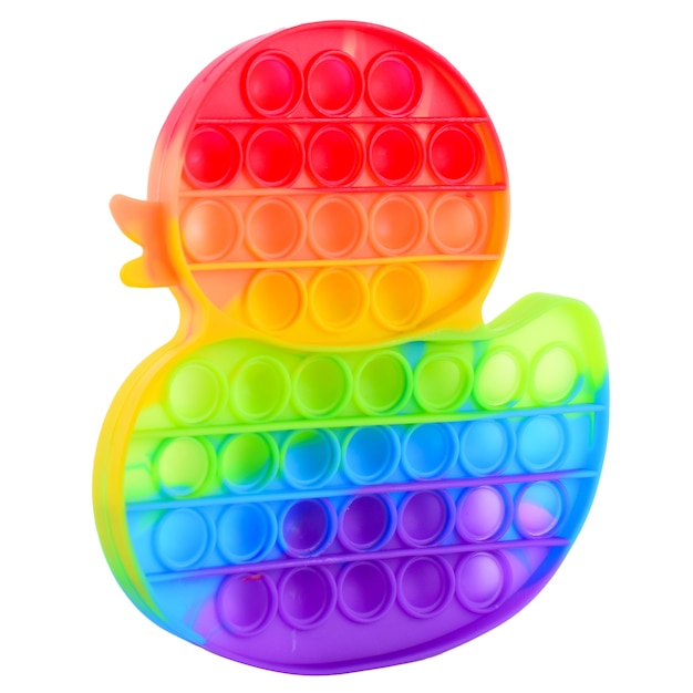 Pop it juguete antiestrés de silicona arco iris aislado sobre fondo blanco. Hoyuelos simples, populares y modernos juguetes para aliviar el estrés para adultos y niños. Juguete para niños Fidget, Pop Bubble Fidget. Forma de pato.