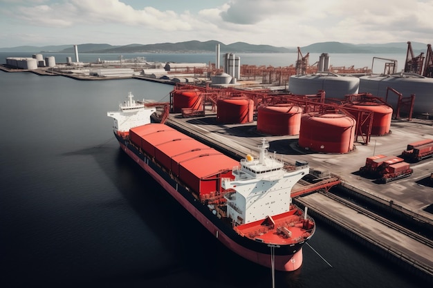 La popa de un gran buque de carga importación exportación caja de contenedores en el océano mar en el cielo azul fondo tierra conce