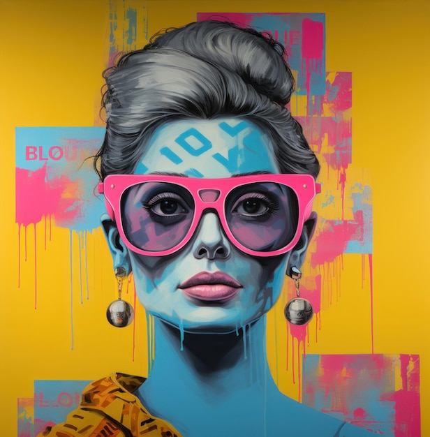 Popart kreatives Porträt einer Frau mit Sonnenbrille, farbenfrohes Farbspritzer, abstraktes Kunst-Wandplakat