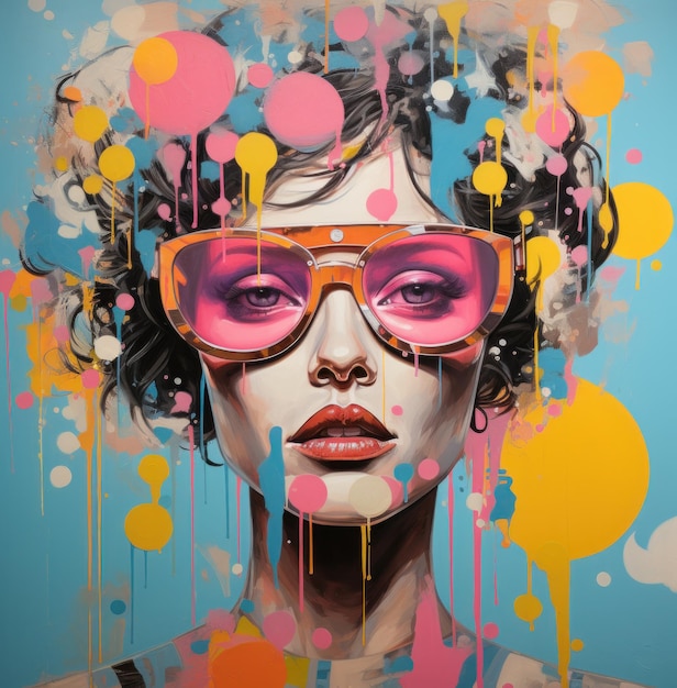 Popart retrato creativo mujer con gafas de sol pintura colorida salpicando cartel de pared de arte abstracto