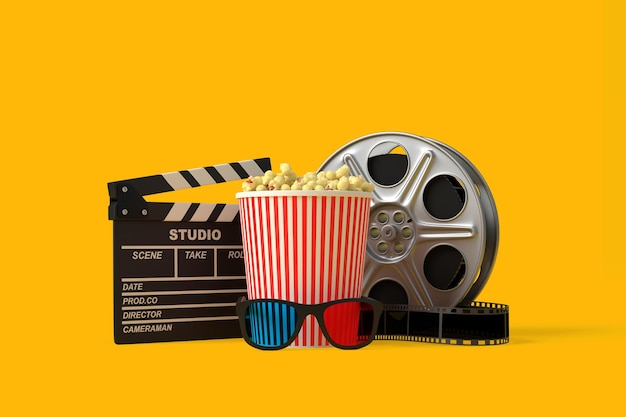 Popcorn 3D-Brille Filmrolle und Clapboard auf einem gelben Hintergrund 3D-Rendering-Illustration