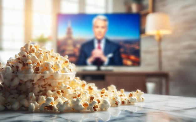 Popcorn auf dem Tisch vor dem Fernseher und Nachrichtenprogramme im Wohnzimmer Ruhezeit