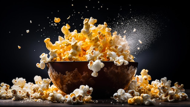 Popcorn auf Schüssel auf dunklem Hintergrund generative KI