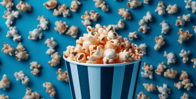 Foto popcorn cinema azul objeto caixa de entretenimento fundo branco lanche comida de milho ia geradora