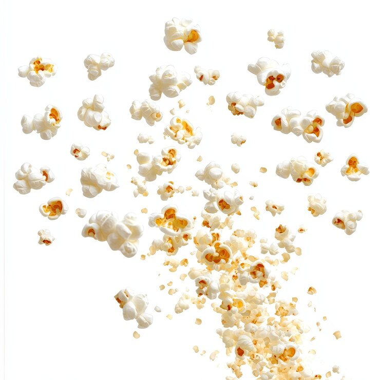 Foto popcorn delicioso voando em fundo branco