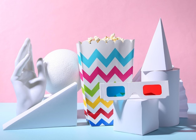 Popcorn-Eimer und 3D-Brille geometrische Formen auf blauem rosa Pastellhintergrund Konzeptkunst