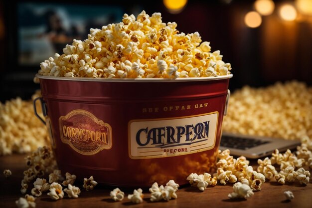 Popcorn em baldes listrados em mesa de madeira Conceito de cinema