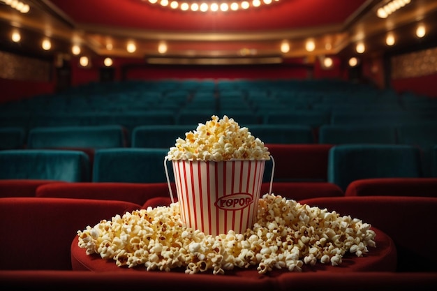 Popcorn em baldes listrados em mesa de madeira Conceito de cinema