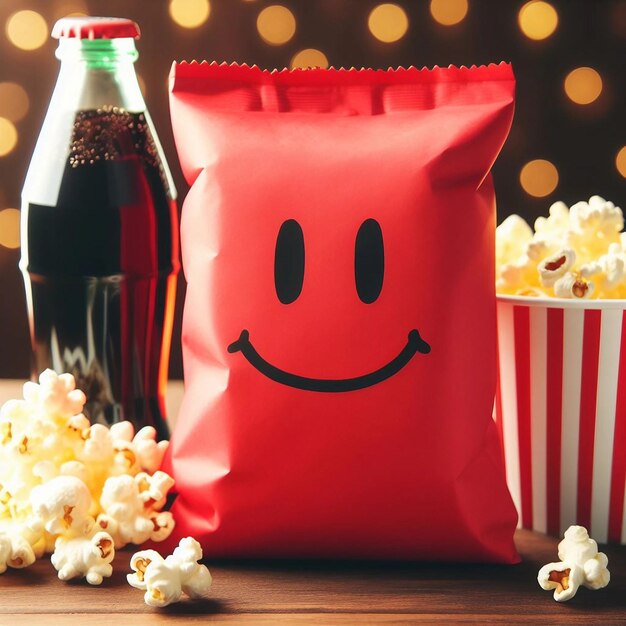Foto popcorn em saco para cinema saco de popcorn com um rosto sorridente