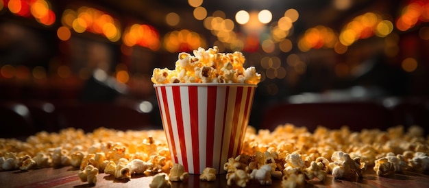 Popcorn em um balde listrado em uma mesa de madeira no cinema