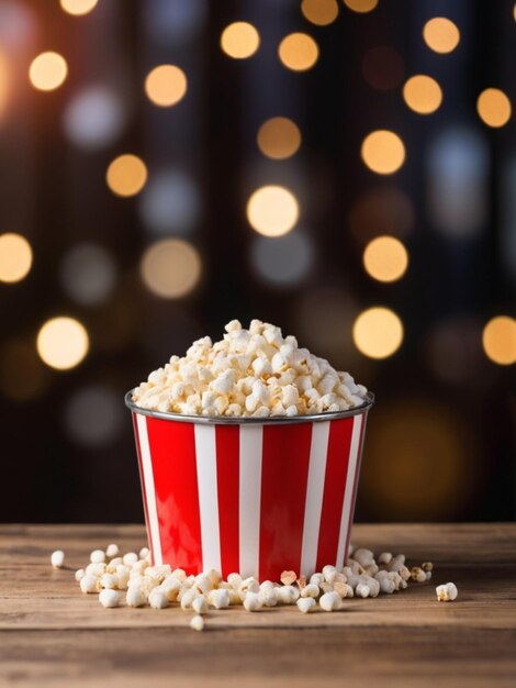 Popcorn em um balde listrado em uma mesa de madeira