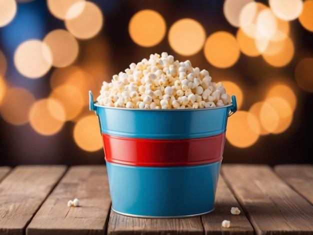 Popcorn em um balde listrado em uma mesa de madeira