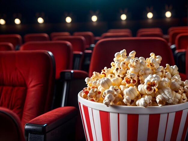 Popcorn em um copo de papel listrado com um adesivo de popcorn