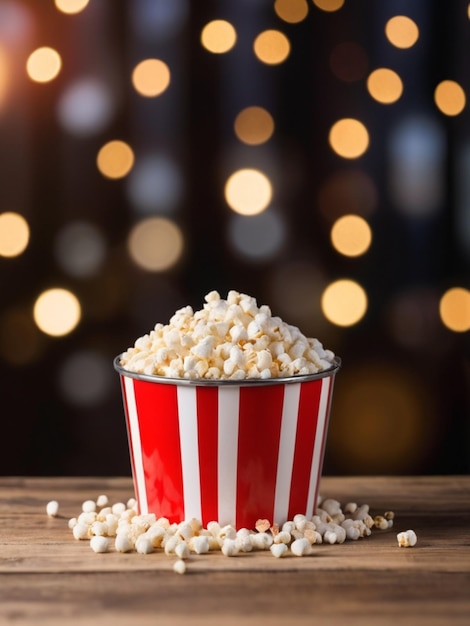 Popcorn in einem gestreiften Eimer auf einem Holztisch