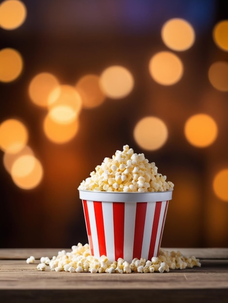 Popcorn in einem gestreiften Eimer auf einem Holztisch