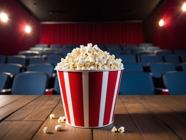 Foto popcorn in einem gestreiften eimer auf einem holztisch