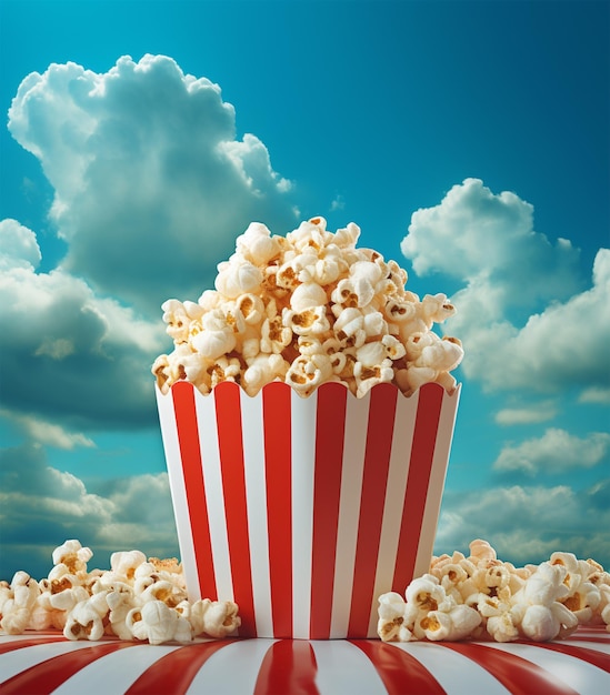 Foto popcorn in einer gestreiften schachtel auf blauem hintergrund