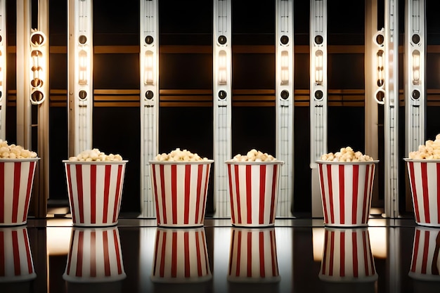 Foto popcorn in einer gestreiften schachtel auf einem tisch mit einer spiegelung des popcorns auf dem tisch.