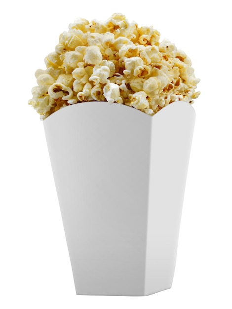 Foto popcorn in einer kiste, isoliert auf weißem hintergrund