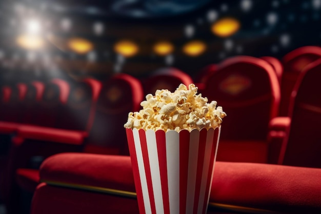 Popcorn in einer rot gestreiften Schachtel auf dunklem Hintergrund Kinokonzept