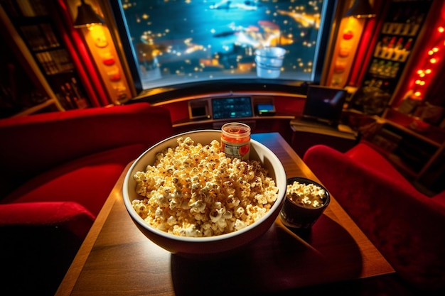 Popcorn in einer Schüssel und eine Schüssel Popcorn auf dem Tisch.