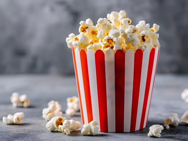 Popcorn in gestreiftem weißem und rotem Papierglas, professionelles Lebensmittelfoto, kommerzielles Foto auf Grau